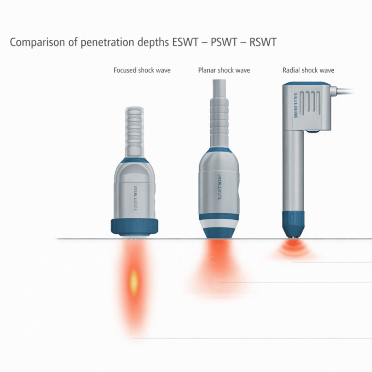 Comparison of focused, planar, and radial shock wave therapy penetration depths.