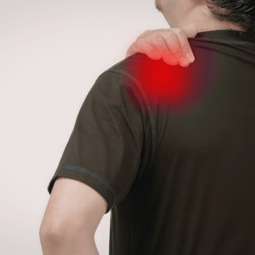Person holding shoulder with highlighted pain indicating rotator cuff strain.