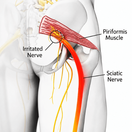 Medical illustration showing the piriformis muscle compressing the sciatic nerve in the buttock.