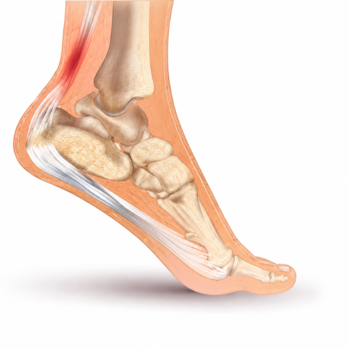 Medical illustration of the ankle showing degeneration and inflammation of the Achilles tendon above the heel.