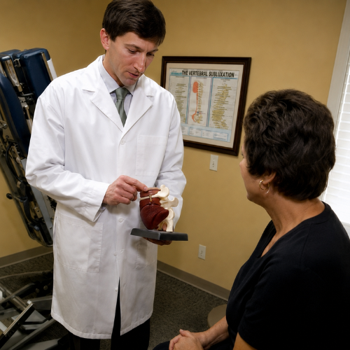 Dr. Brad Cole explaining a spine model to a patient during a chiropractic consultation.