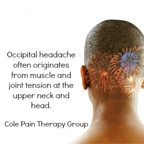 Medical illustration showing pain at the back of the head associated with occipital headaches originating from the upper neck.