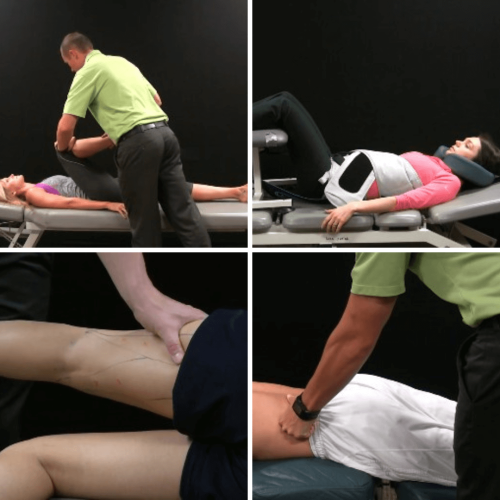 Collage showing lumbar stenosis treatments, including manual therapy, traction, and mobilization techniques in a clinical setting.